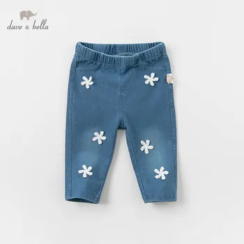 DB12994 dave bella/ wiosenne modne spodnie z kwiatowym aplikacja dla małych dziewczynek, dziecięce spodnie pełnej długości, spodnie dla dzieci
