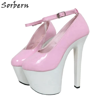 Sorbern/ Różowe damskie czółenka z paskiem na kostce 17 cm, buty damskie na platformie, białe buty na platformie z okrągłym toe, buty wieczorowe w ekstremalnych obcasie
